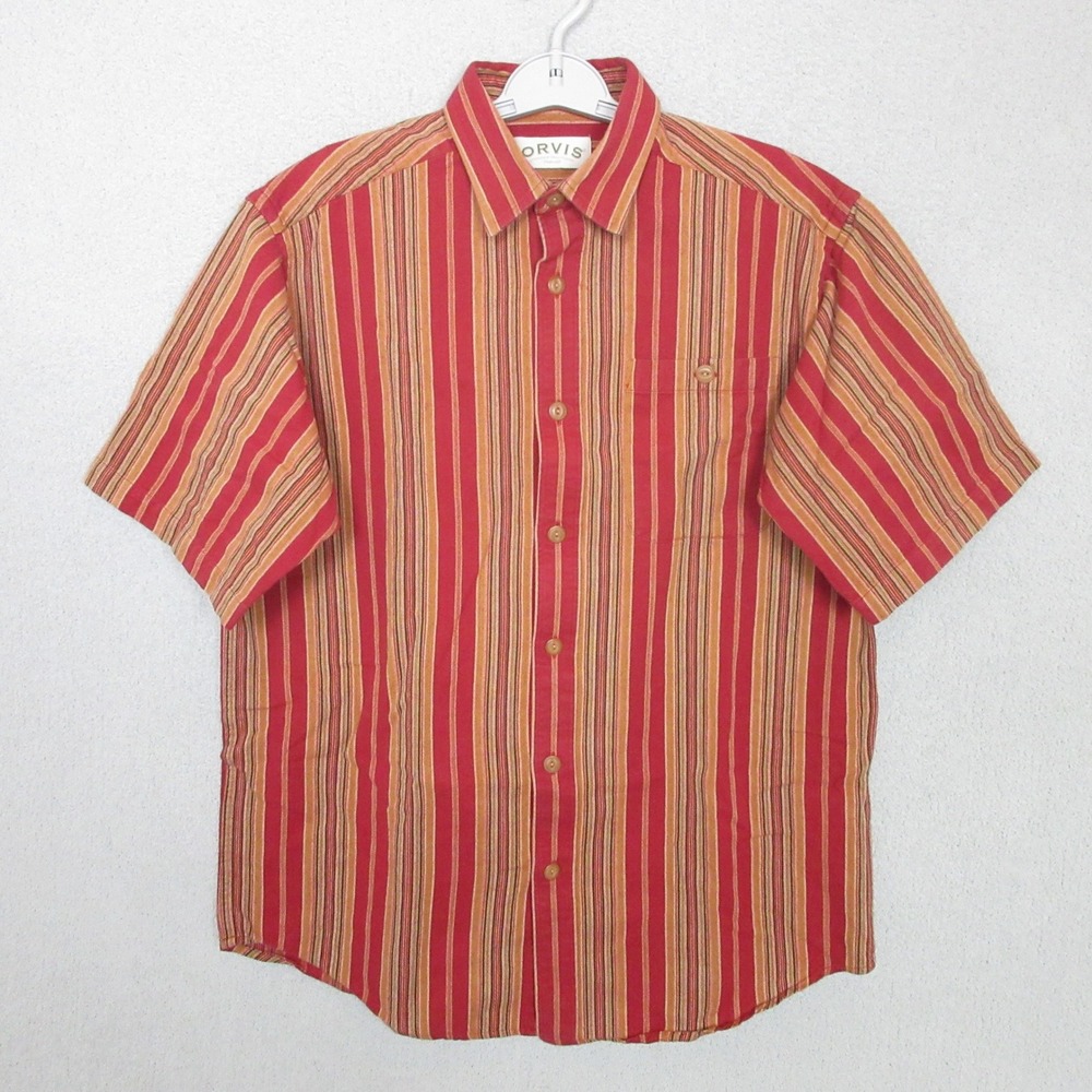 ORVIS Short Sleeve Button Up Shirt‎ Mens Size M Red Orange Striped Cotton